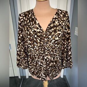 Rafaella Leopard Print Twist Front V Neck Stretch Blouse Top